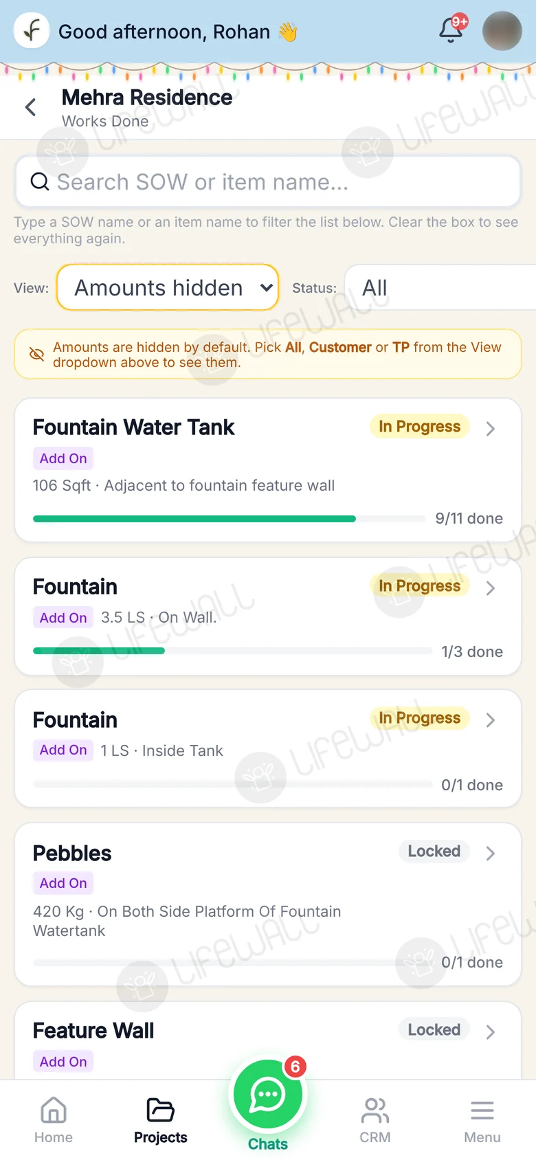 Flow by LifeWall on a phone — item-by-item progress on a live project